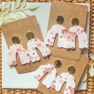 Handmade polymer clay floral orange/coral print earrings gold plated brass posts